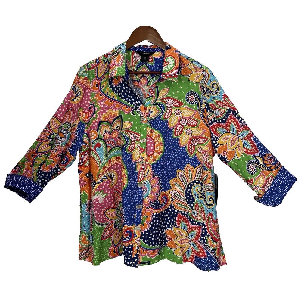 Ali Miles Button Up Shirt Women XL Multicolor Floral Paisley Cottage Coastal NWT